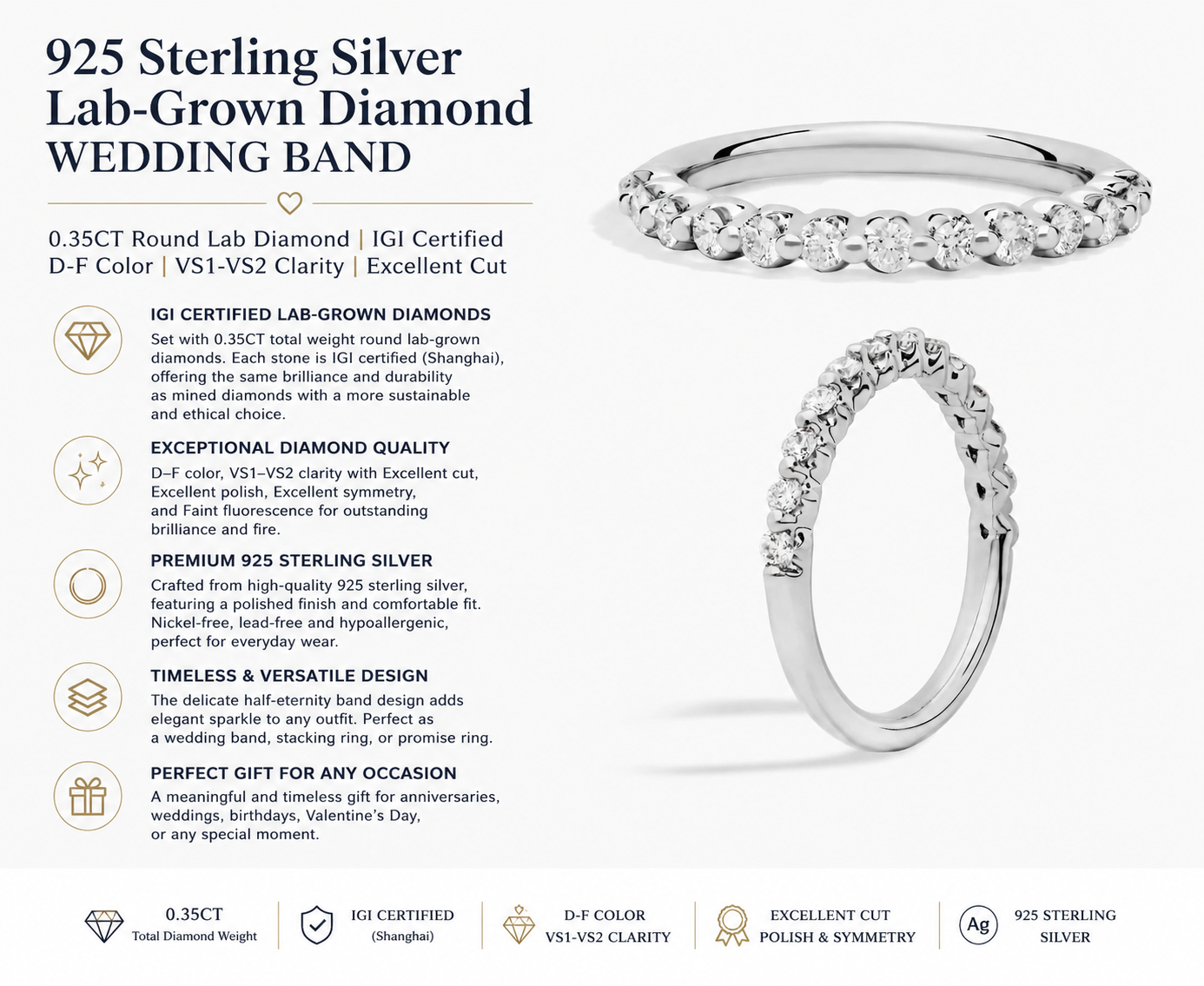 IGI Certified 0.35 CTW Lab Grown Diamond Half Eternity Ring - 925 Sterling Silver Wedding Band | D-F Color VS1-VS2 HPHT Diamonds