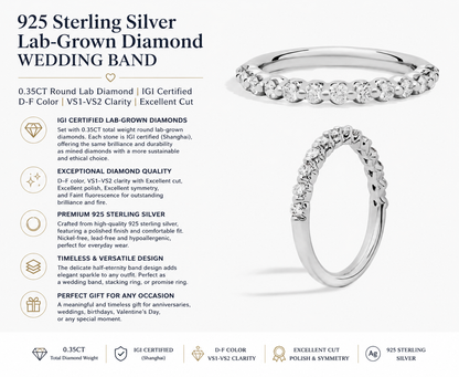 IGI Certified 0.35 CTW Lab Grown Diamond Half Eternity Ring - 925 Sterling Silver Wedding Band | D-F Color VS1-VS2 HPHT Diamonds